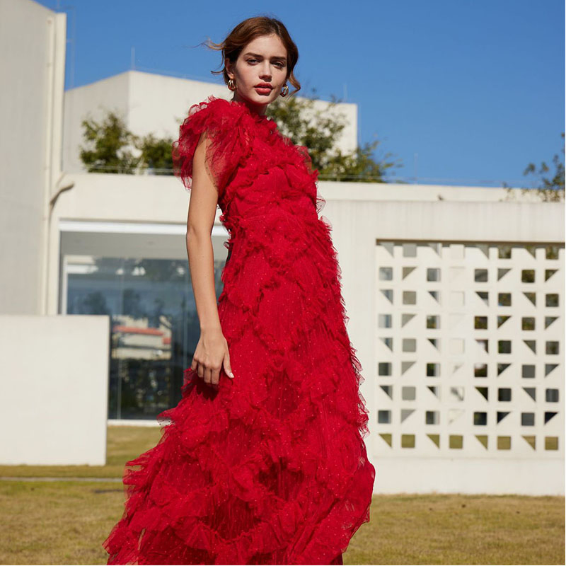 Nuevo vestido de cóctel sin mangas con cuello bordado estilo europeo impreso para mujer