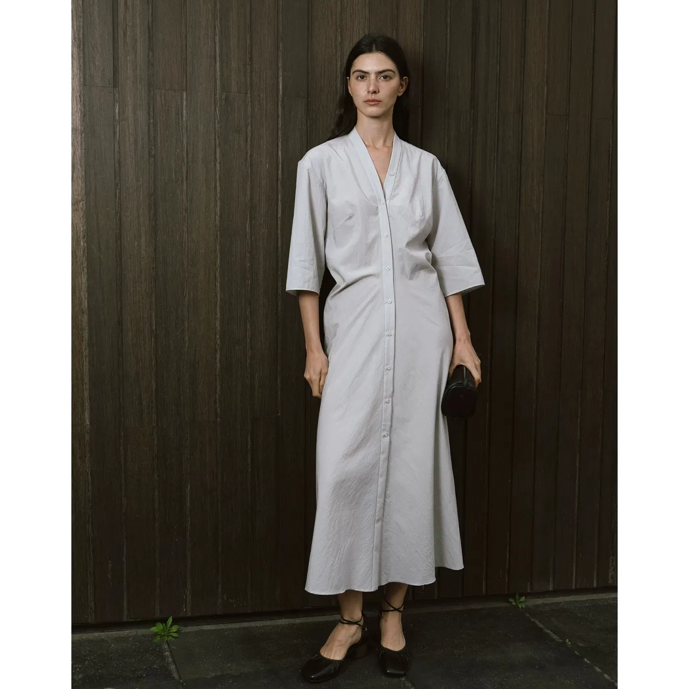 Vestido camisero midi de media manga con cuello en V ligero de Tencel Lyocell para el verano