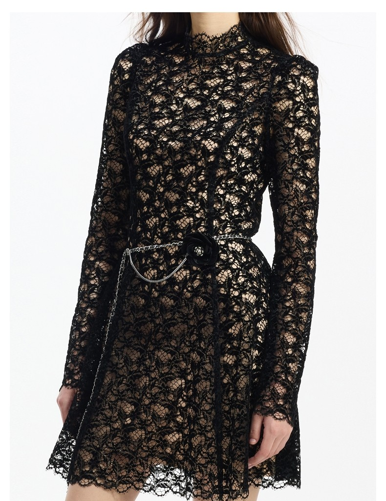 Vestido MIDI de lujo para mujeres al por mayor, personalizado, con encaje formal, mangas largas y diseño de cuello redondo alto