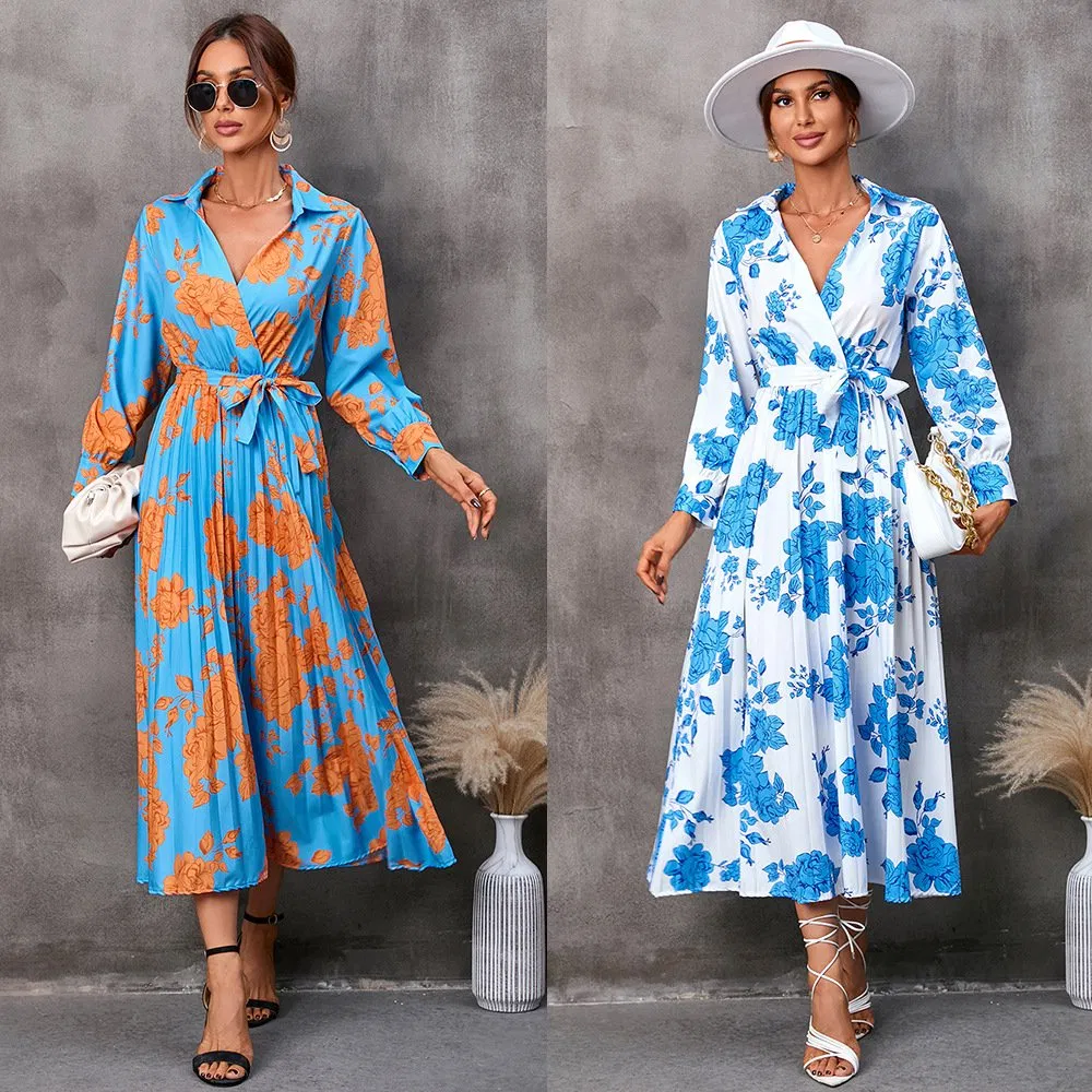 Vestido Largo de Manga Larga para Mujer, Vestido Boho de Oficina, Vestido Floral de Vacaciones, Maxi con Abertura, Vestido