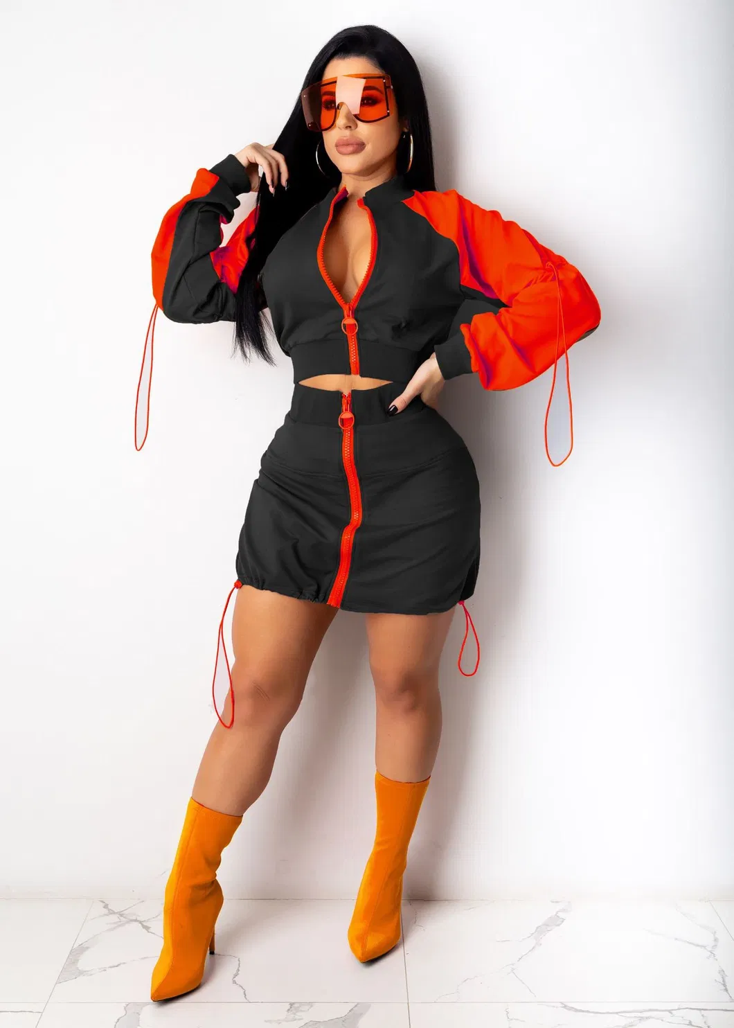 Conjunto de vestido de cuerpo ajustado para mujeres, vestido de dos piezas con manga larga y cremallera, mini vestidos para damas