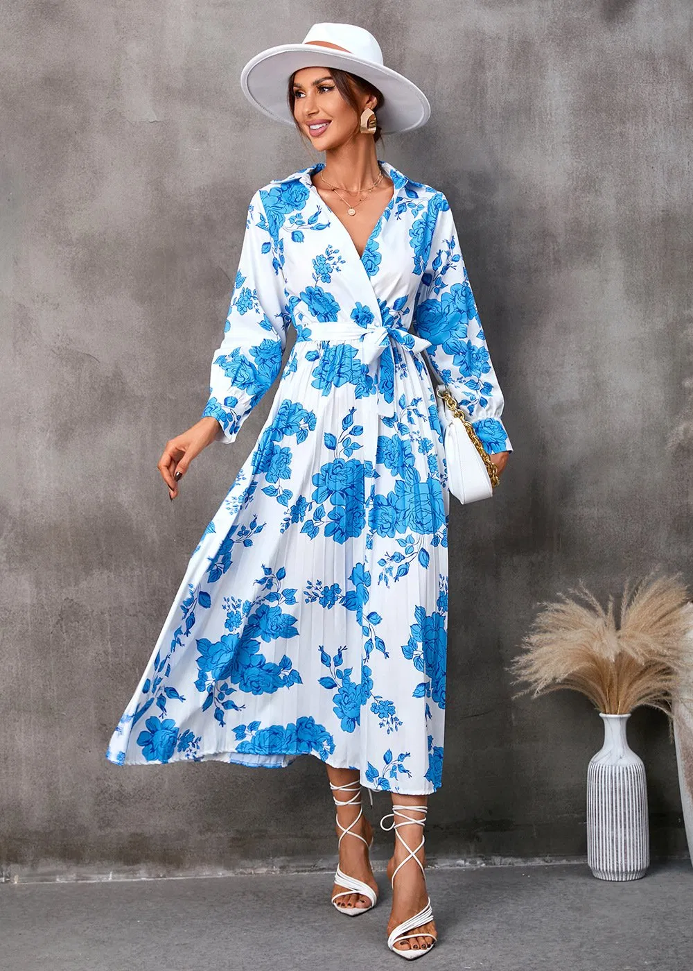 Vestido Largo de Manga Larga para Mujer, Vestido Boho de Oficina, Vestido Floral de Vacaciones, Maxi con Abertura, Vestido