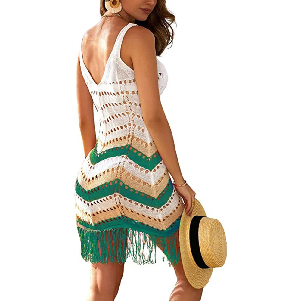 Vestido de playa de punto de mujer con tirantes en V, con flecos y rayas, casual de verano