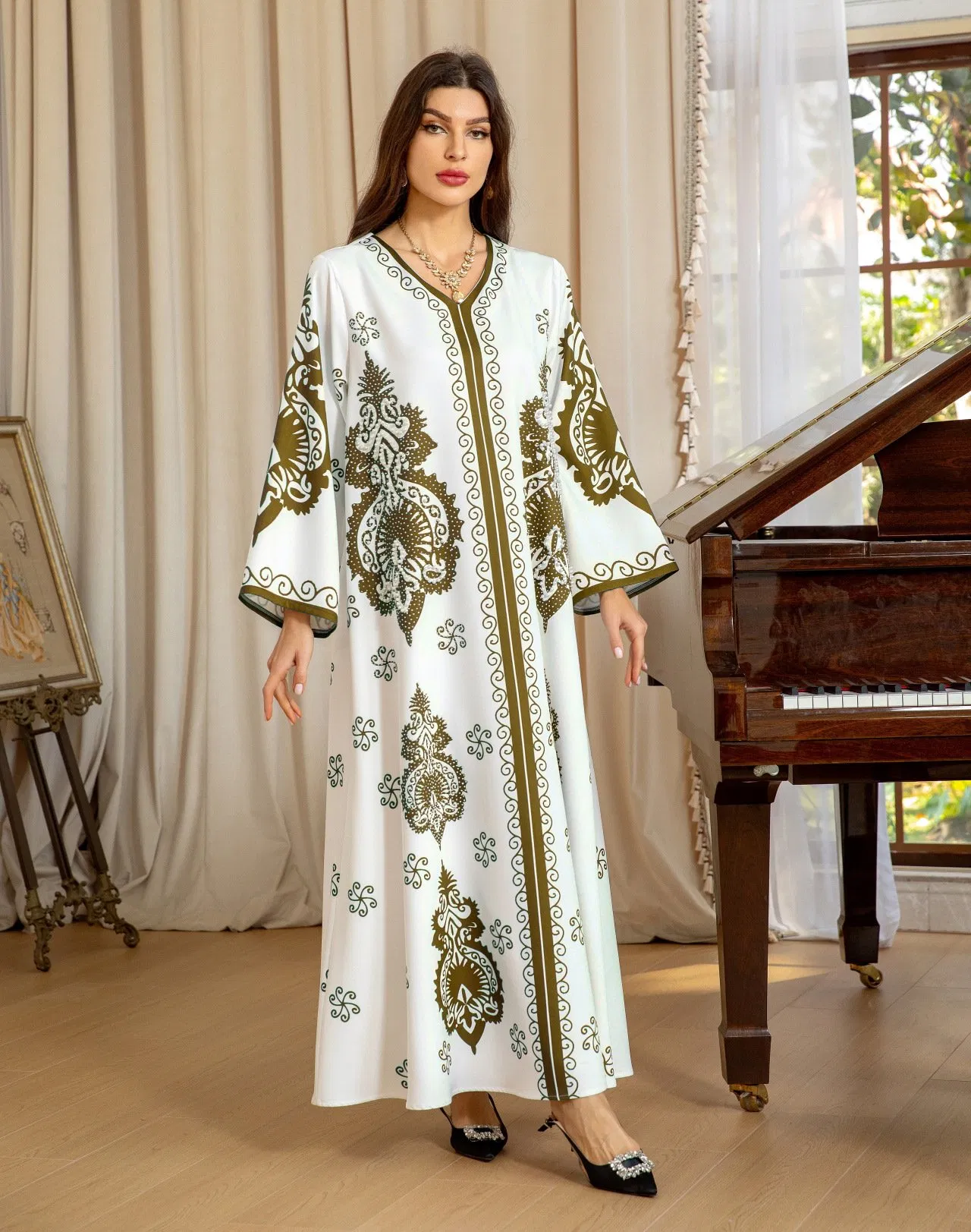 Vestido de kaftán de lujo de Dubái para mujeres con adornos de strass y cuentas, elegante abaya larga impresa, vestidos de mujer, bata larga, personalización OEM