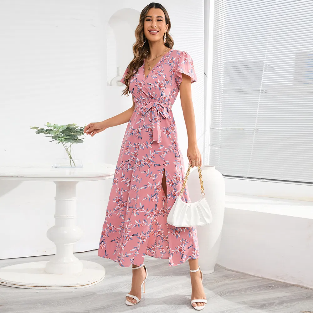 Vestido suelto de playa diario de verano para mujeres, impreso con flores, sexy, de chiffon, para fiestas de noche, mejor vendedor de fábrica