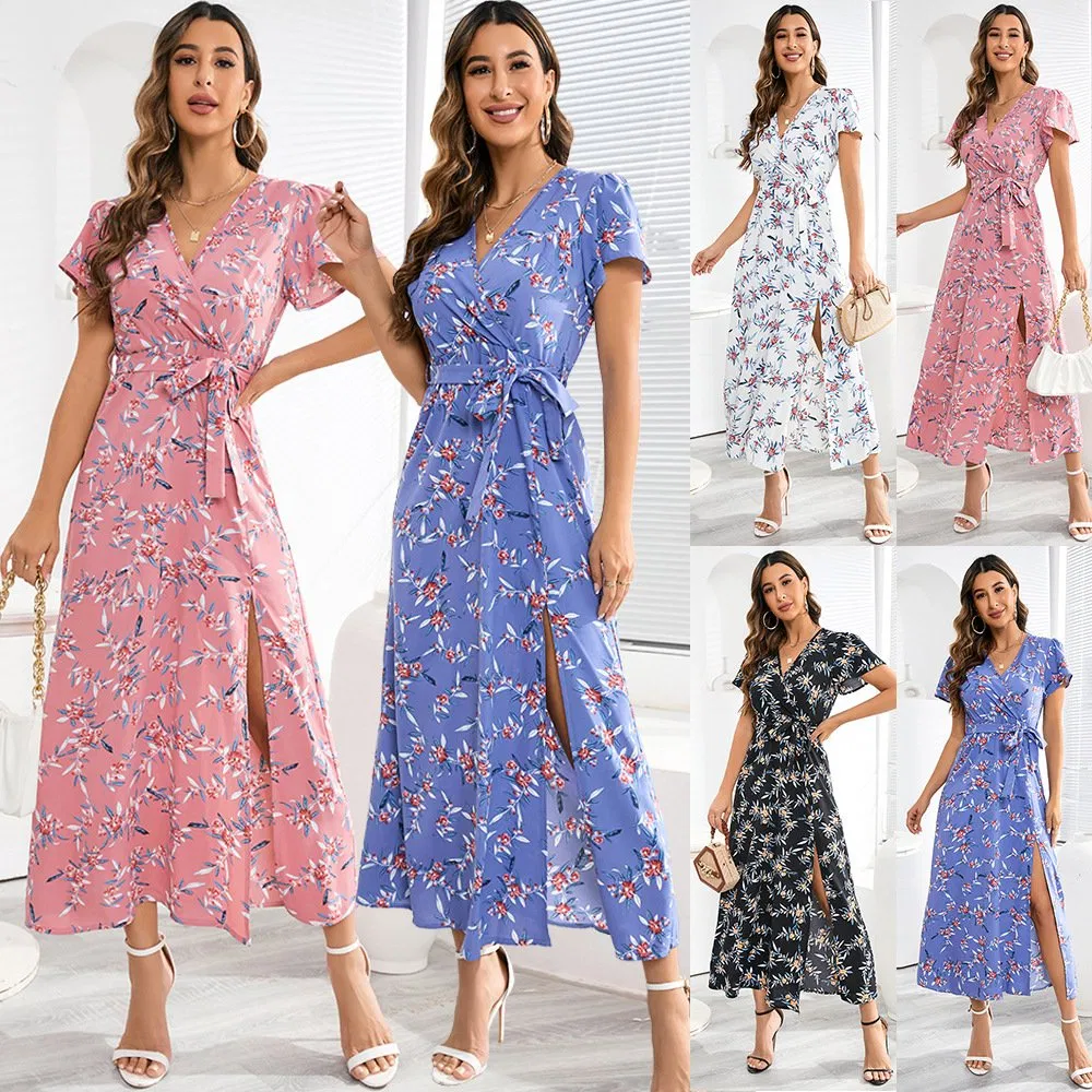 Vestido suelto de playa diario de verano para mujeres, impreso con flores, sexy, de chiffon, para fiestas de noche, mejor vendedor de fábrica