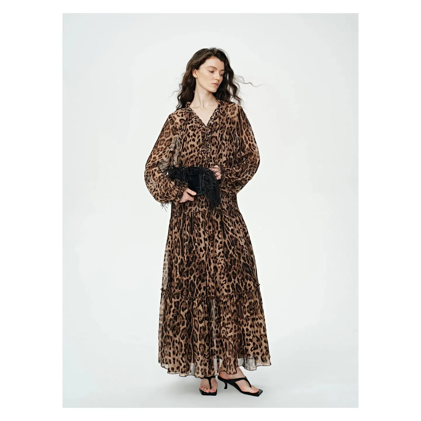 Vestido largo de manga larga de leopardo de lyocell y algodón para mujer, estilo vintage de resort, con cintura ajustada y falda acampanada