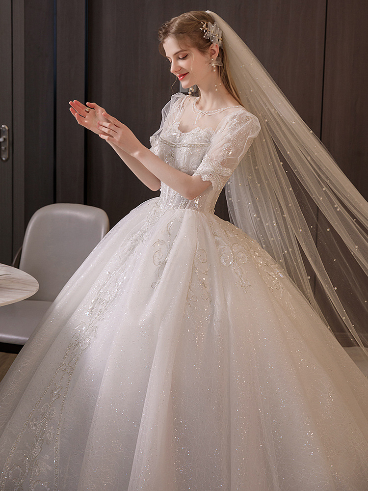 Vestido de novia A-Line de organza con cuentas y cola de capilla Blingbling