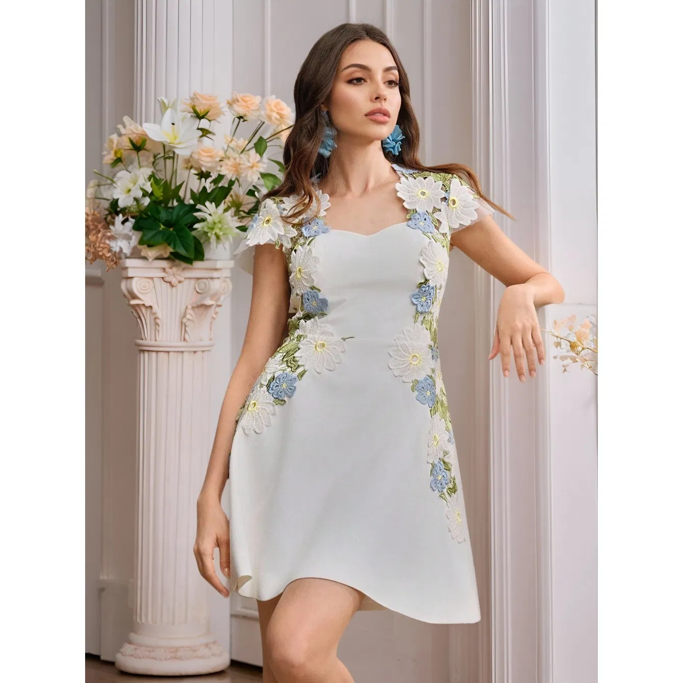 Vestido bordado floral soñador para mujeres, cintura ceñida, dobladillo acampanado, estilo A-line, midi, casual, fiesta, invitada de boda, ropa chic