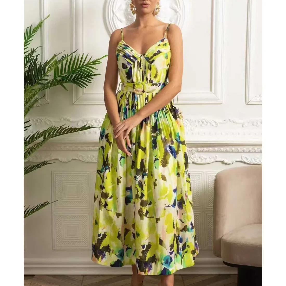 Vestidos de mujer verano nuevos estilos con encaje retro impreso de tirantes con temperamento