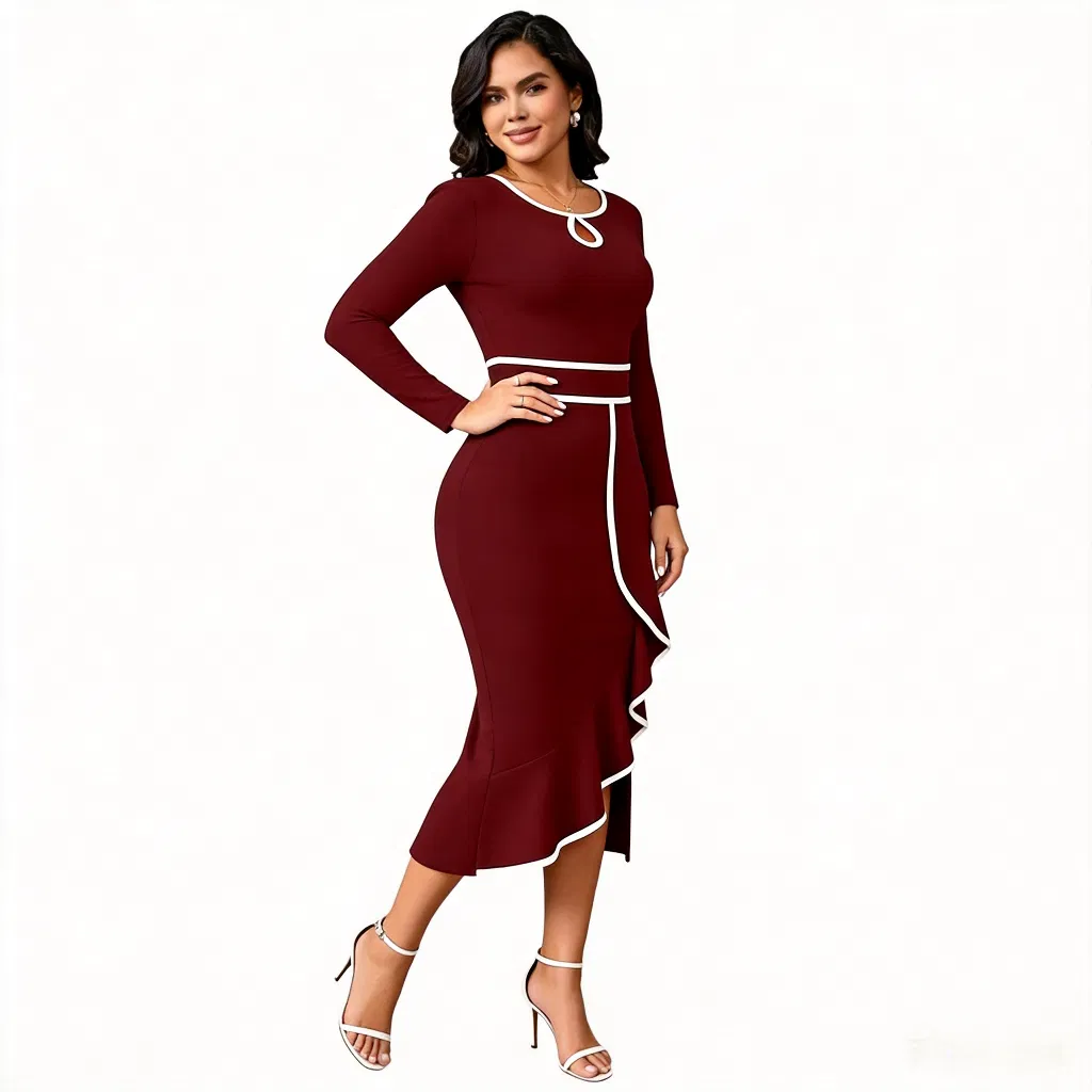Vestido midi ajustado burdeos con ribete blanco, de manga larga, con escote en forma de llave, contraste en el dobladillo con volantes y abertura, elegante para fiestas y oficina