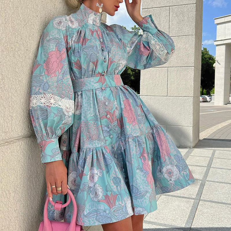 Nueva mujer prima; vestido de camisa impresa de gran vuelo con cuello alto de manga larga