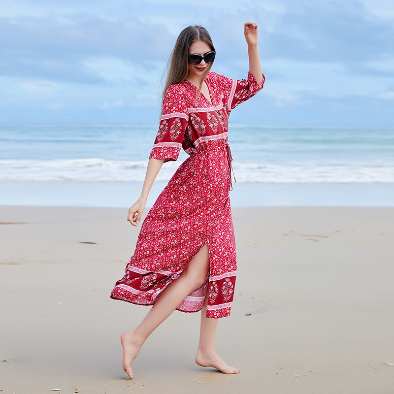Vestido de vacaciones de playa con escote en V bohemio para mujeres de talla grande