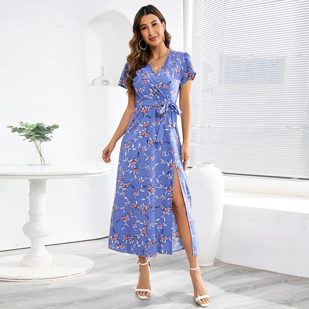 Vestido suelto de playa diario de verano para mujeres, impreso con flores, sexy, de chiffon, para fiestas de noche, mejor vendedor de fábrica