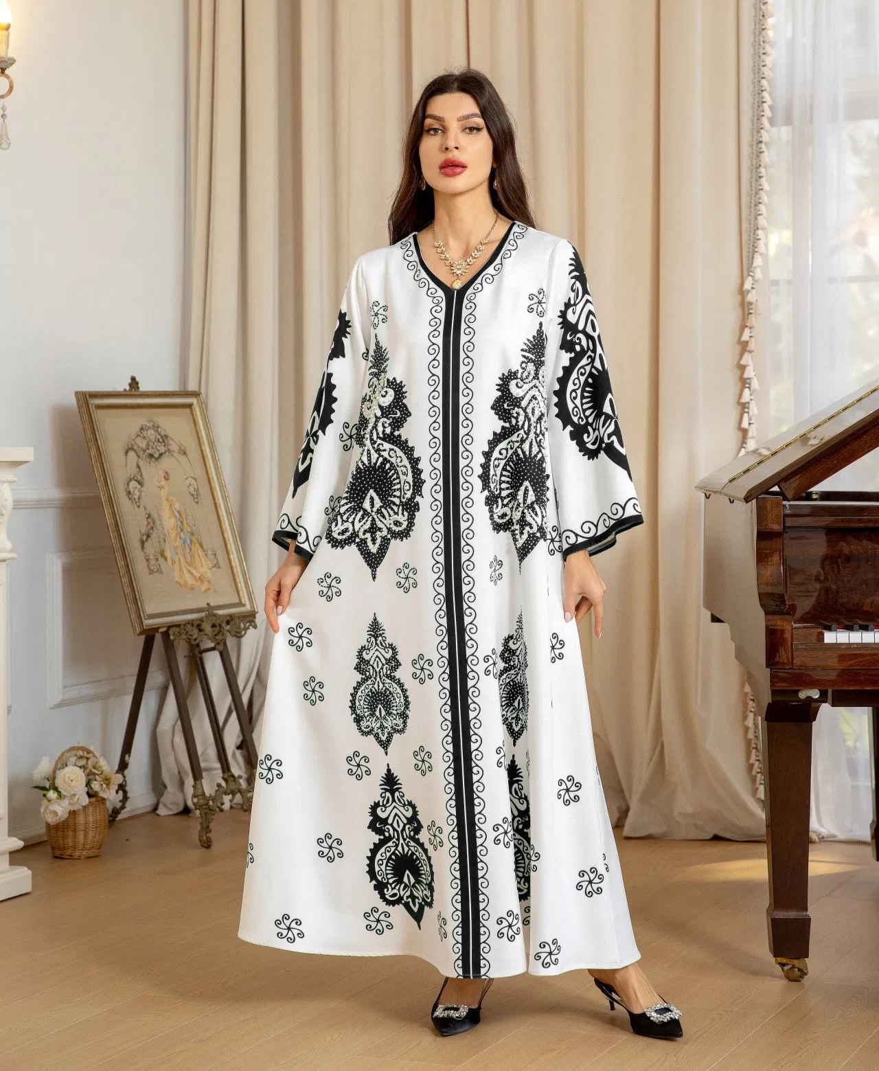 Vestido de kaftán de lujo de Dubái para mujeres con adornos de strass y cuentas, elegante abaya larga impresa, vestidos de mujer, bata larga, personalización OEM