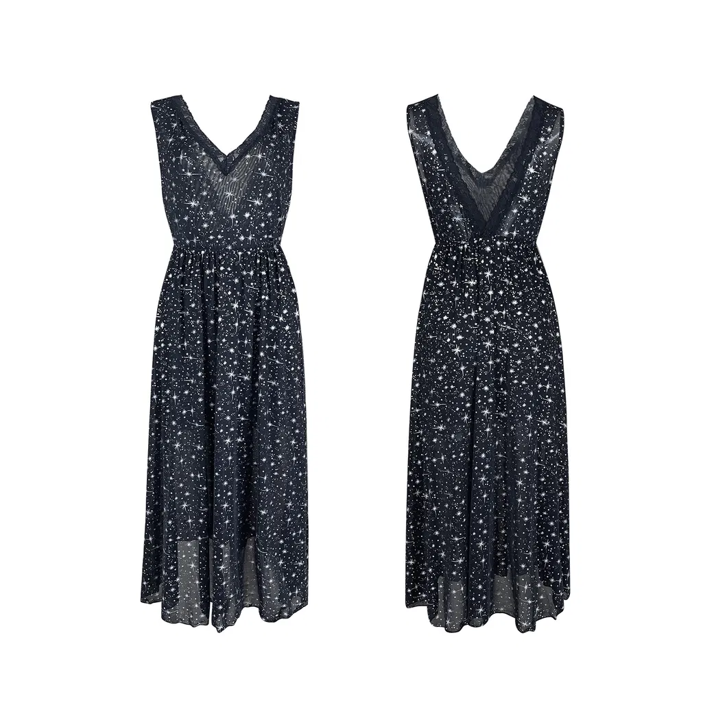 Vestido de dormir de malla brillante estrellada de lujo con espalda profunda y sin espalda, vestido de cita de longitud media para mujer