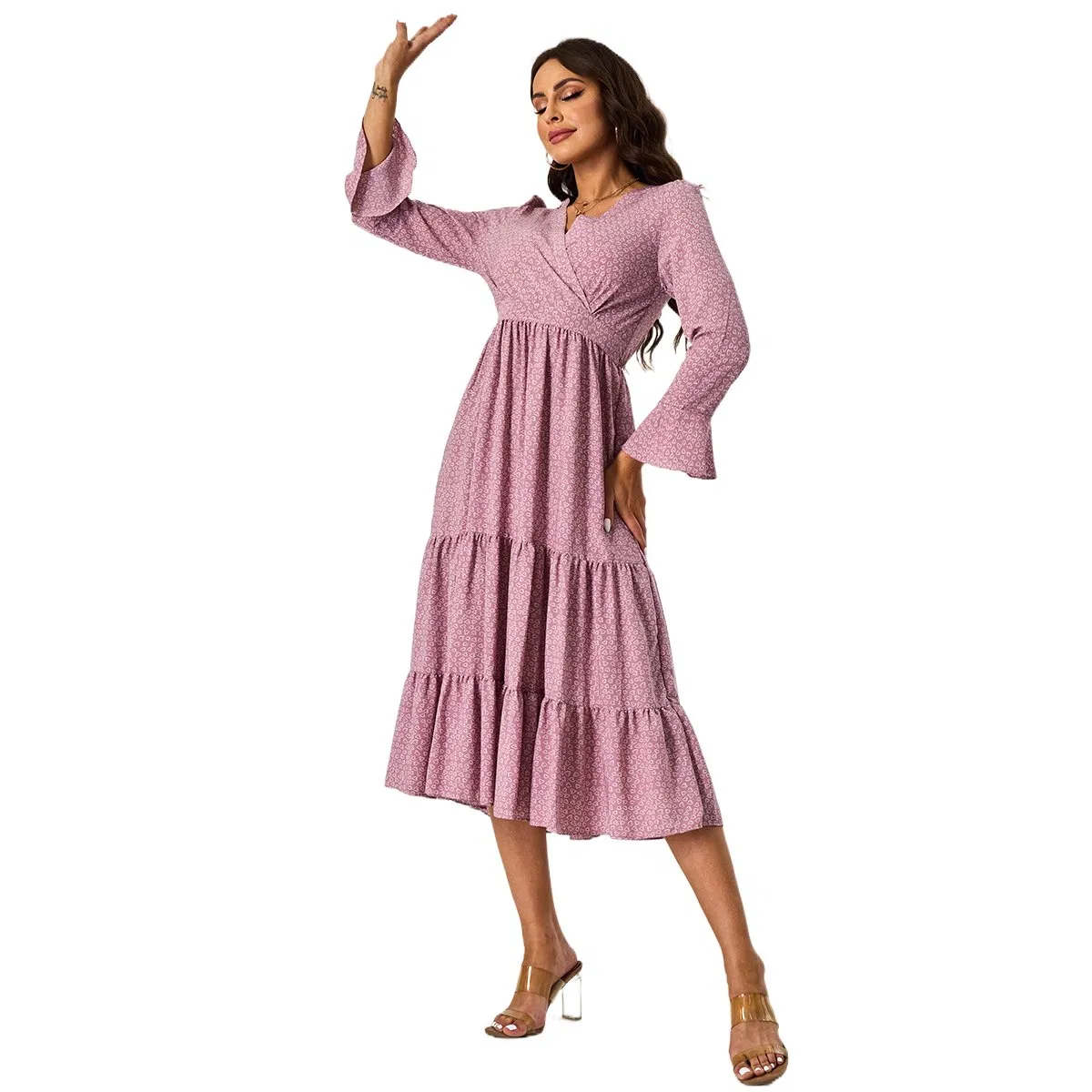 Vestido largo de mujer con cuello en V, de manga larga, plisado, color rosa vintage impreso
