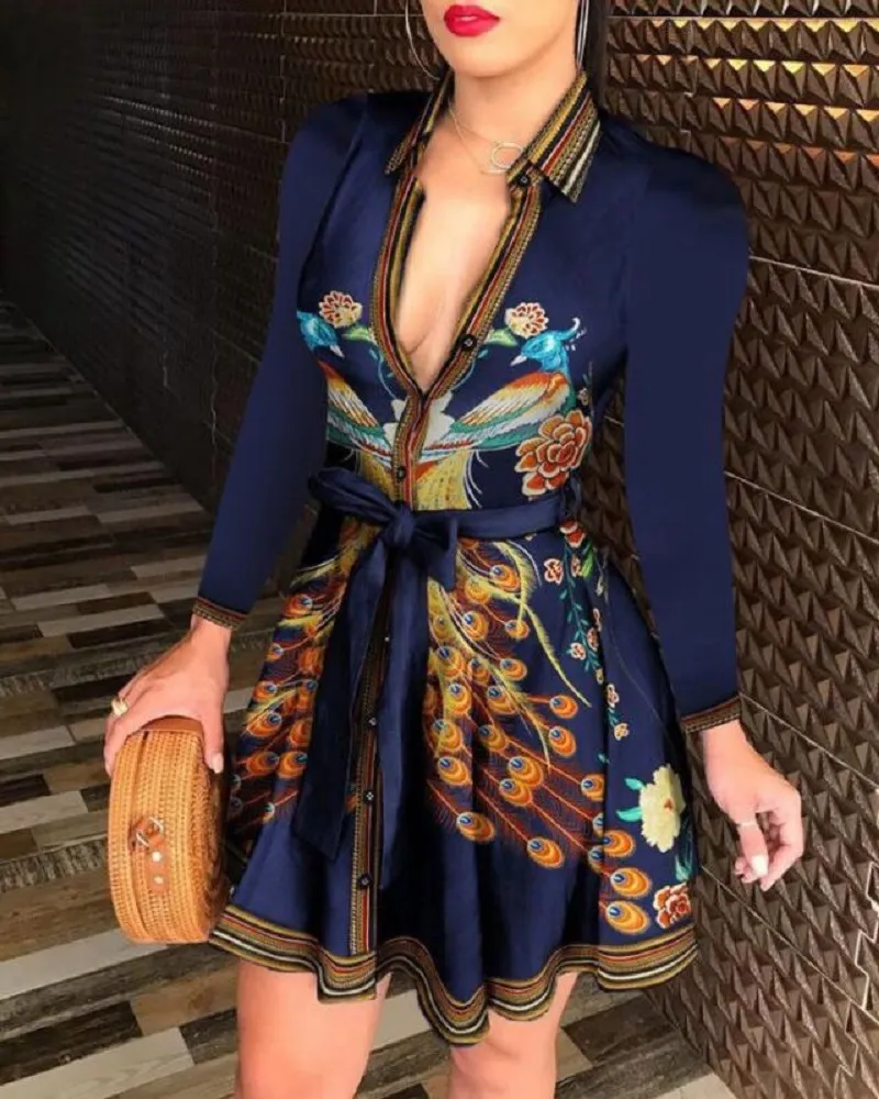 Vestido mini con cuello impreso para mujeres, vestido sexy con cinturón Esg16283