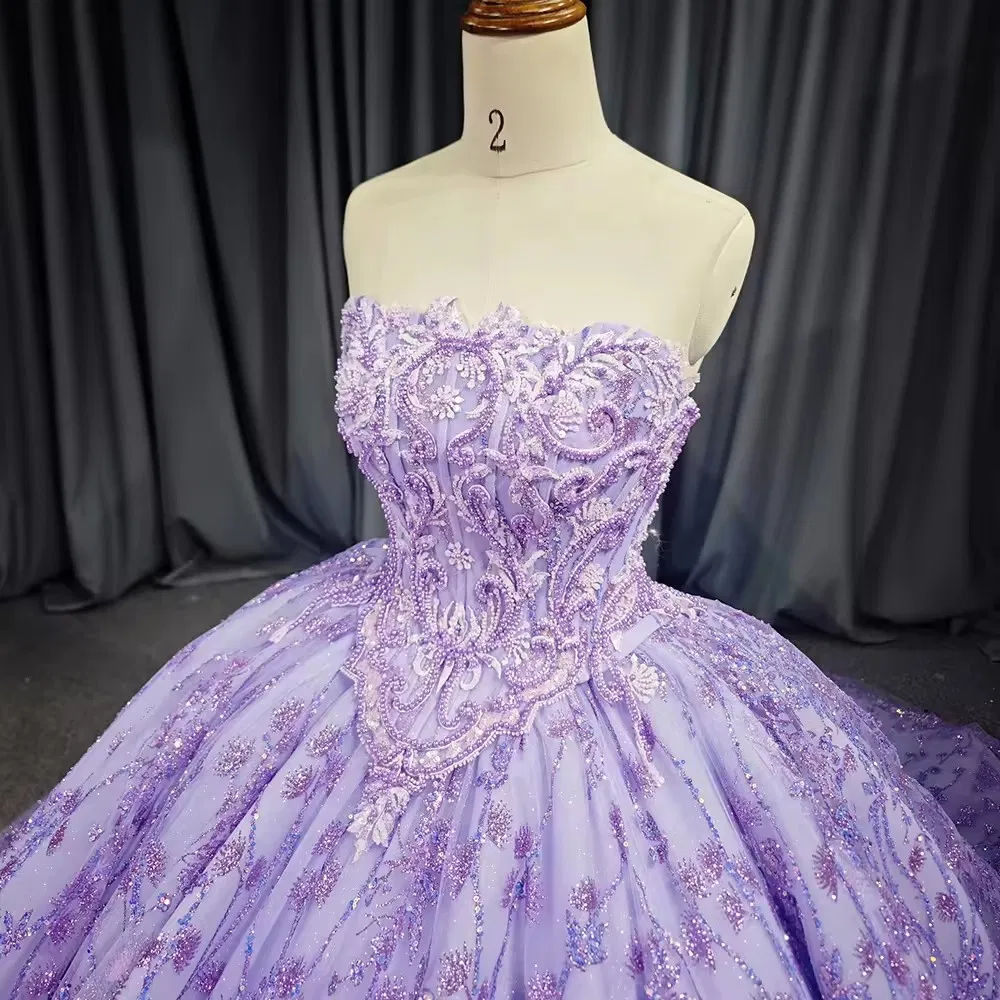 Fabricante Profesional Vestidos de Boda para Mujeres de Quinceañera de Lujo con Lentejuelas Moradas