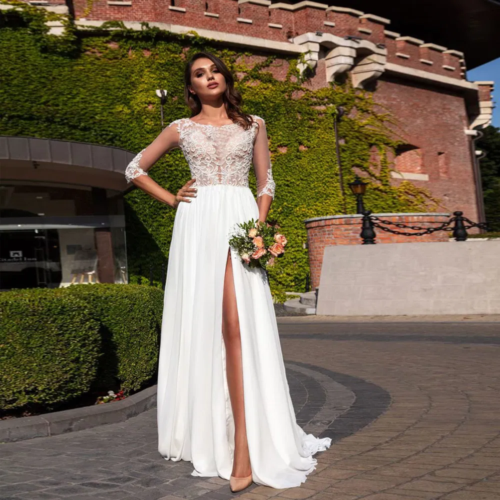 Vestido de novia de encaje de manga larga, vestido de boda de gasa blanca, ropa de mujer