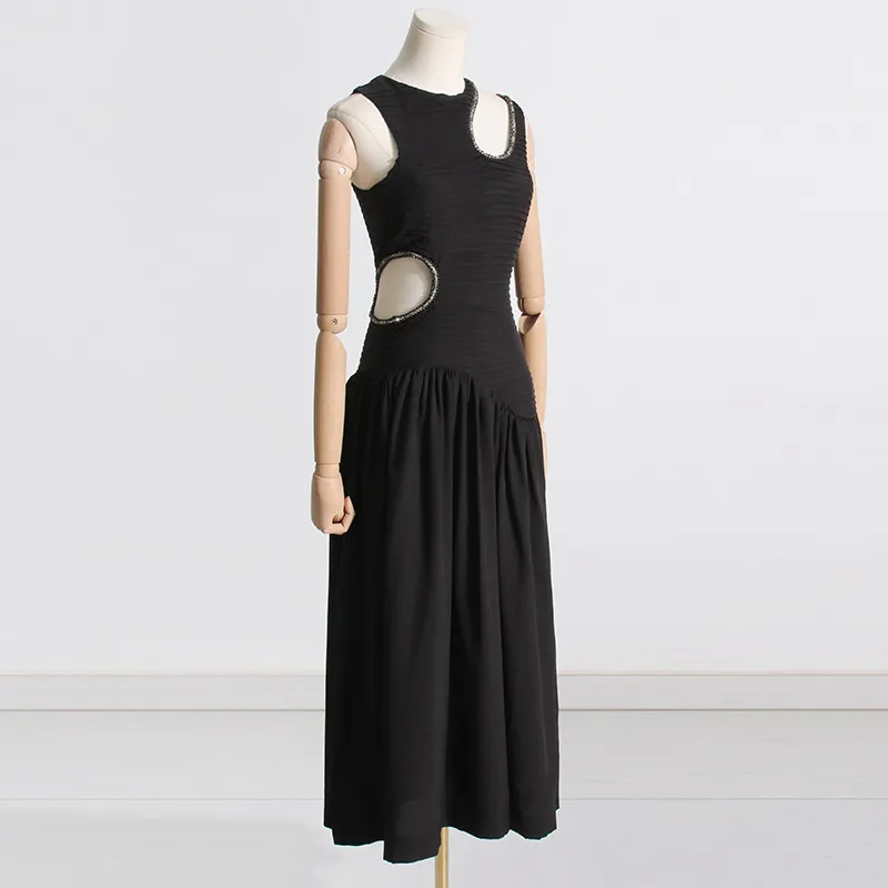 Vestido Largo Adelgazante de Cintura Primavera Nuevo Diseño Sin Mangas Sensación Hueca Vestidos Plisados para Mujeres