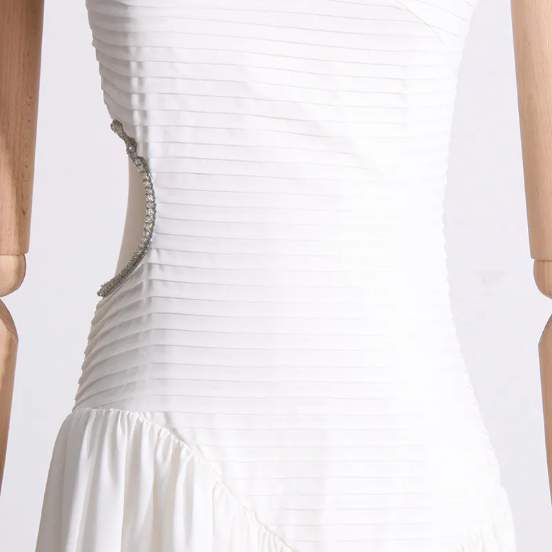 Vestido Largo Adelgazante de Cintura Primavera Nuevo Diseño Sin Mangas Sensación Hueca Vestidos Plisados para Mujeres