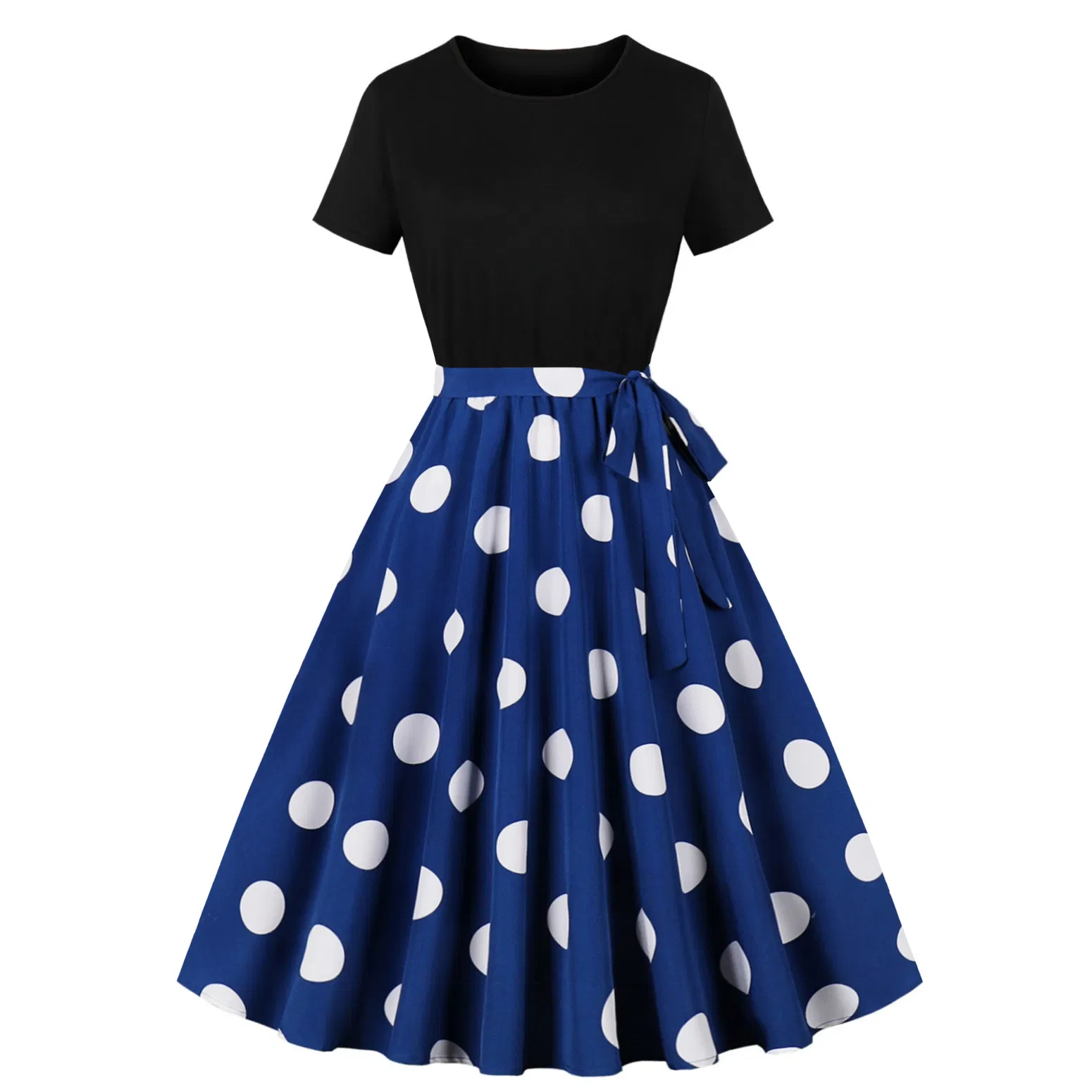 Vestido retro vintage para mujer, de manga corta, parte superior negra, cintura alta, estampado floral de lunares, vestido de cóctel en línea A, estilo rockabilly