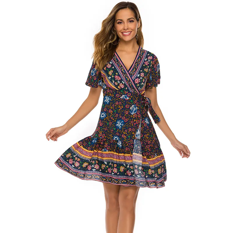 Vestido largo casual de tunica con escote en V, estampado floral bohemio, con alta abertura, ideal para fiestas en la playa