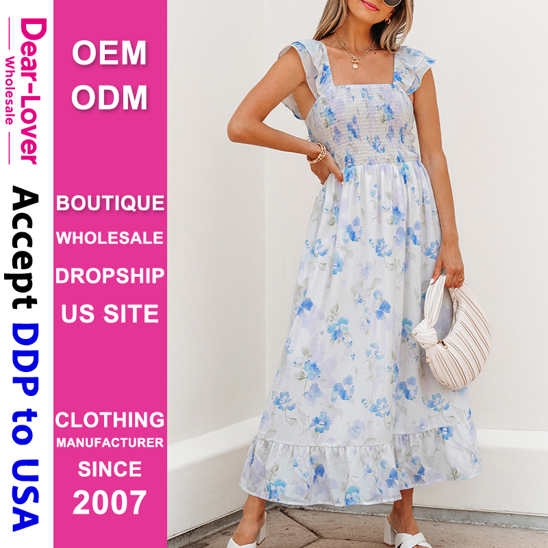 Querido Amor Boutique Mayorista Impuestos de Importación Incluidos Vestido Largo de Verano Sin Mangas con Cintura Fruncida Floral y Doble Volante
