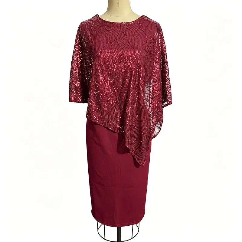 Vestido Bodycon con Superposición de Lentejuelas de Talla Grande al por Mayor, Vestido de Cóctel Elegante para la Noche, Conjunto Formal Halagador 2 para Mujeres Plus