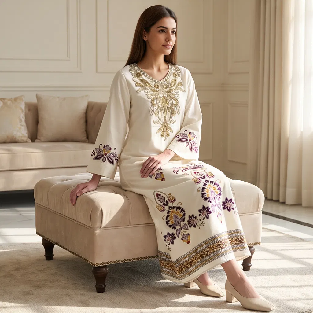 Vestido largo de kurta para mujer con estampado, cuentas, tachuelas de rhinestone y bordado