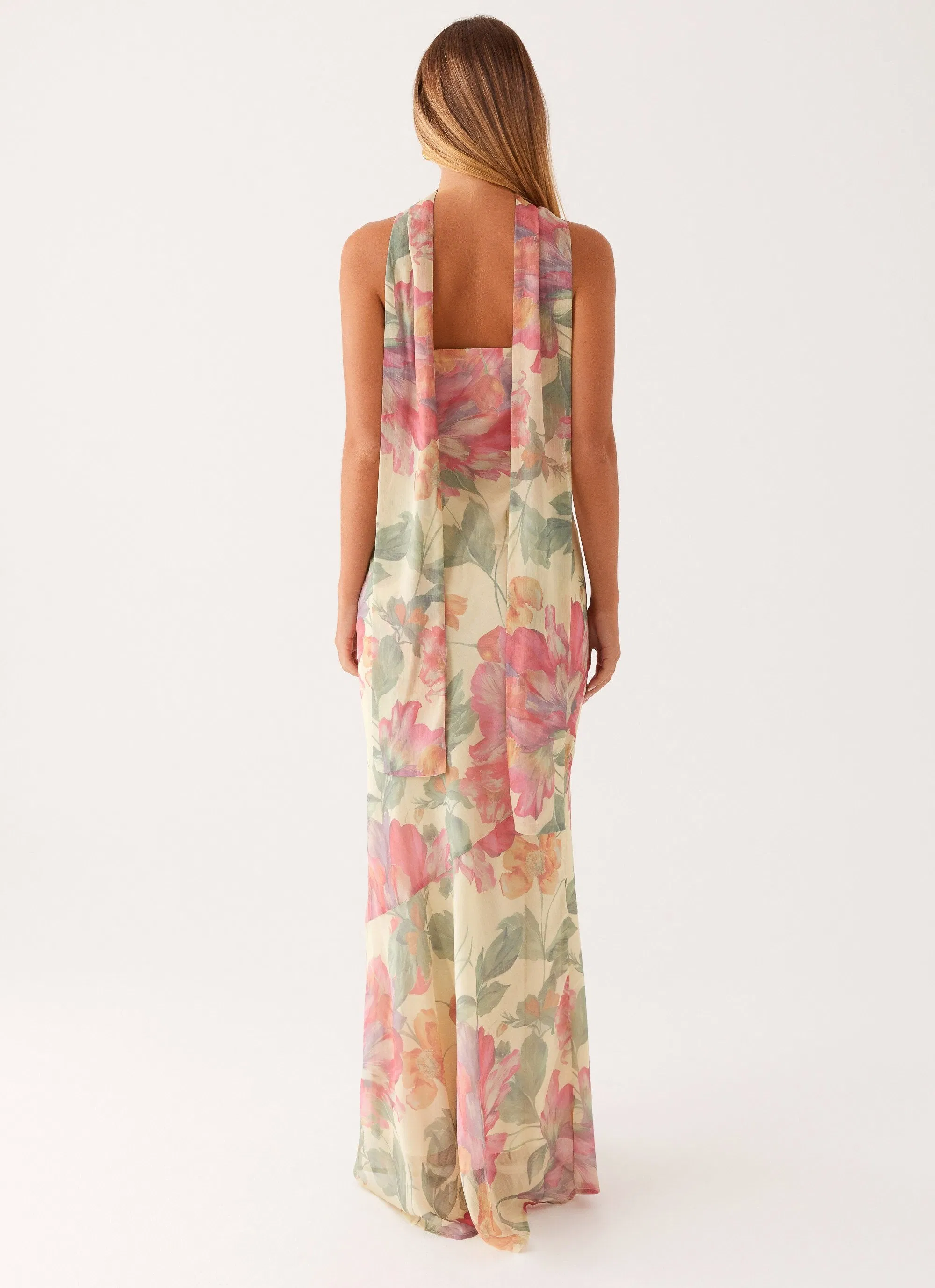 Vestido Maxi Sin Tirantes y Sin Espalda con Estampado Floral para Mujeres, Gown Formal Largo de Chifón con Cuello de Bufanda