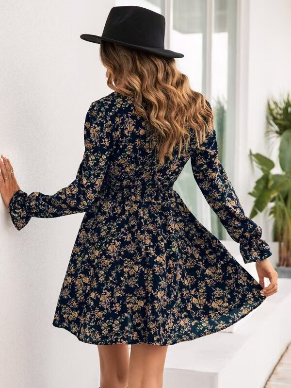 Vestido mini de ladies impreso a medida con cinturón, ropa de playa floral suelta, vestido casual de manga larga para mujeres de talla grande