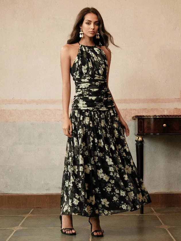 Vestido maxi de playa con corsé y cuello halter de estampado floral para mujer