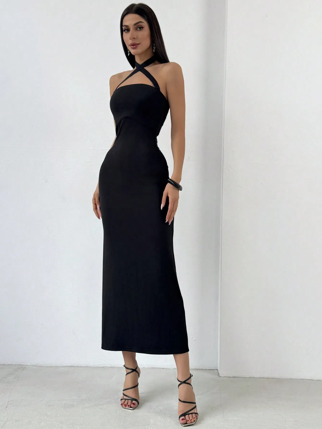 Vestido midi ajustado sin mangas con cruce en la parte posterior, elegante vestido de fiesta de punto elástico