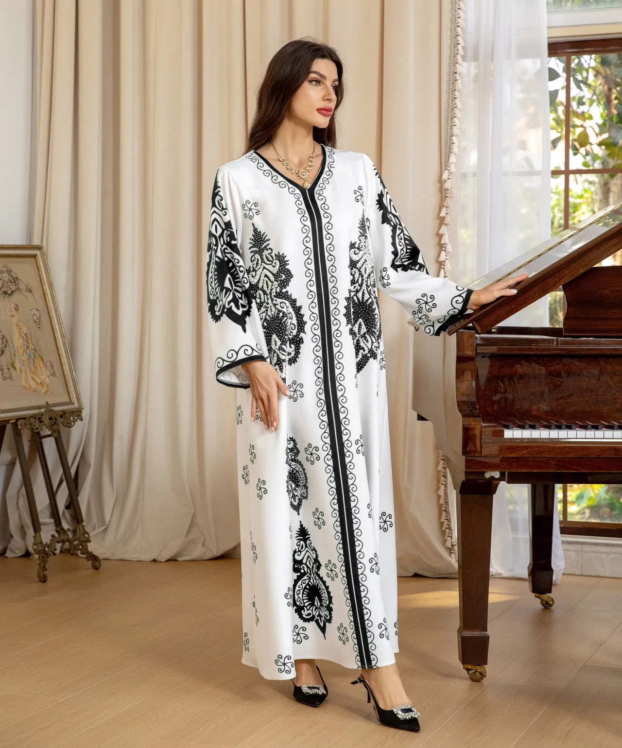 Vestido de kaftán de lujo de Dubái para mujeres con adornos de strass y cuentas, elegante abaya larga impresa, vestidos de mujer, bata larga, personalización OEM