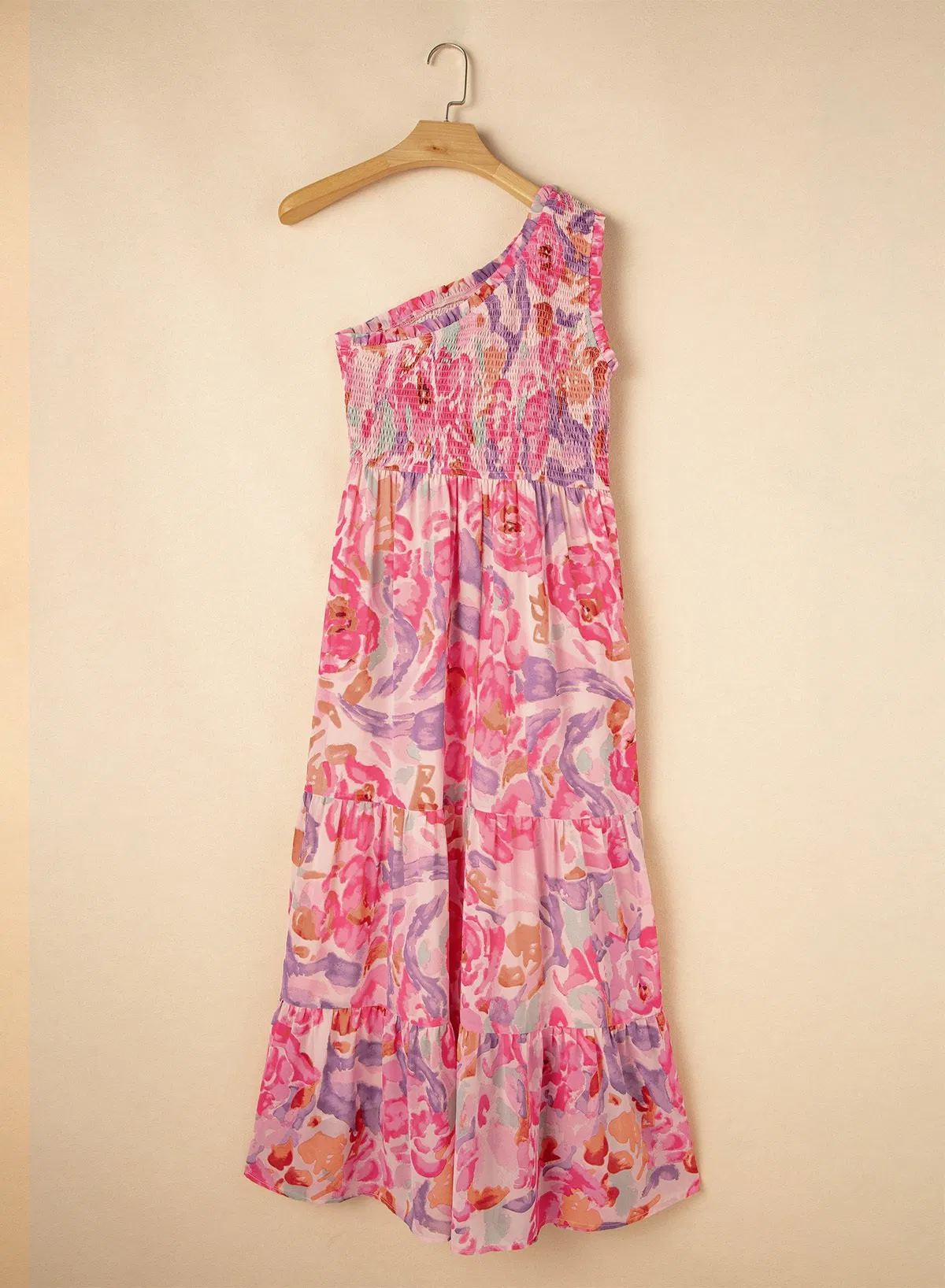 Querido Amor Boutique de Moda Mayorista Vestido de Mujer Estampado Floral Abstracto Con Volantes Un Hombro Vestido Maxi Largo de Verano para Mujeres