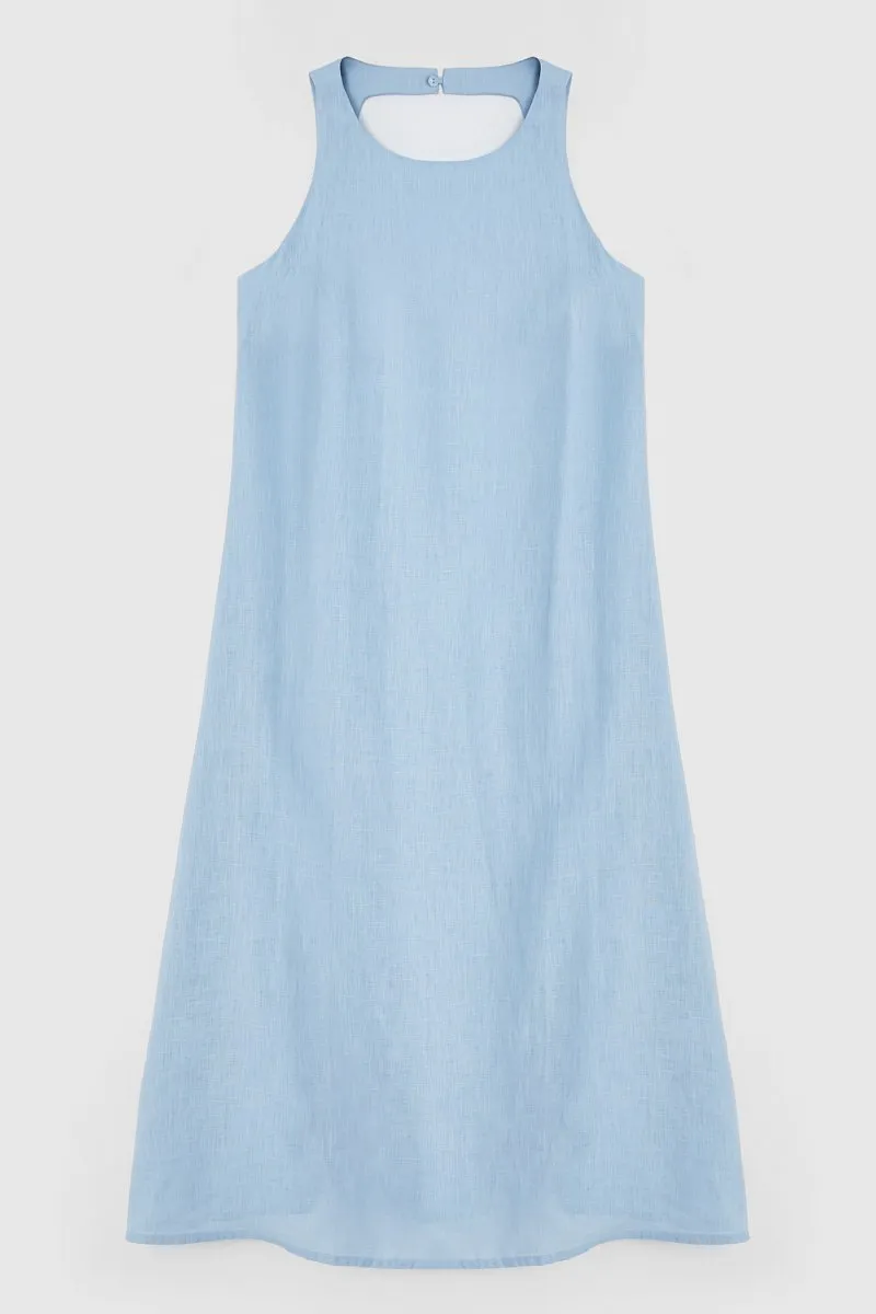 Vestido largo sin mangas de lino azul cielo para oficina de mujeres, con espalda descubierta
