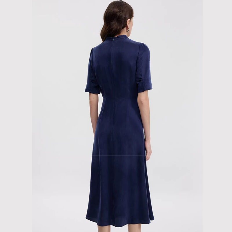 Vestido midi de terciopelo azul marino con cuello en V y mangas cortas para mujer