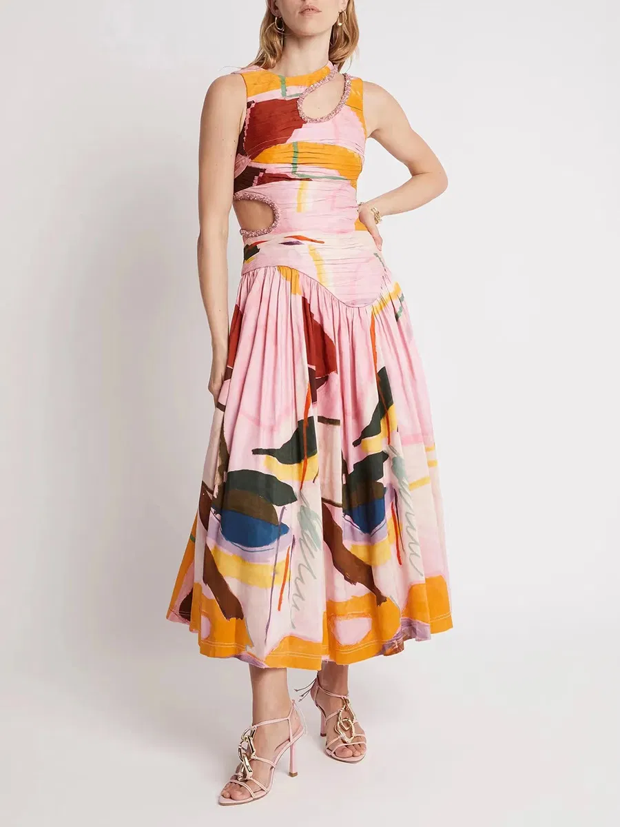 Vestido Largo Adelgazante de Cintura Primavera Nuevo Diseño Sin Mangas Sensación Hueca Vestidos Plisados para Mujeres