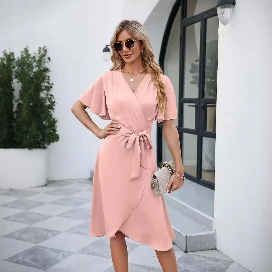 Vestido de verano vintage para mujer, de color sólido, falda suelta tipo camisa con cintura natural, vestido de noche casual con volantes, lavable