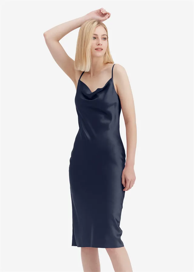 Vestido de Noche de Seda para Mujeres de Cuello Lujo 100% Vestido Deslizante de Seda Pura