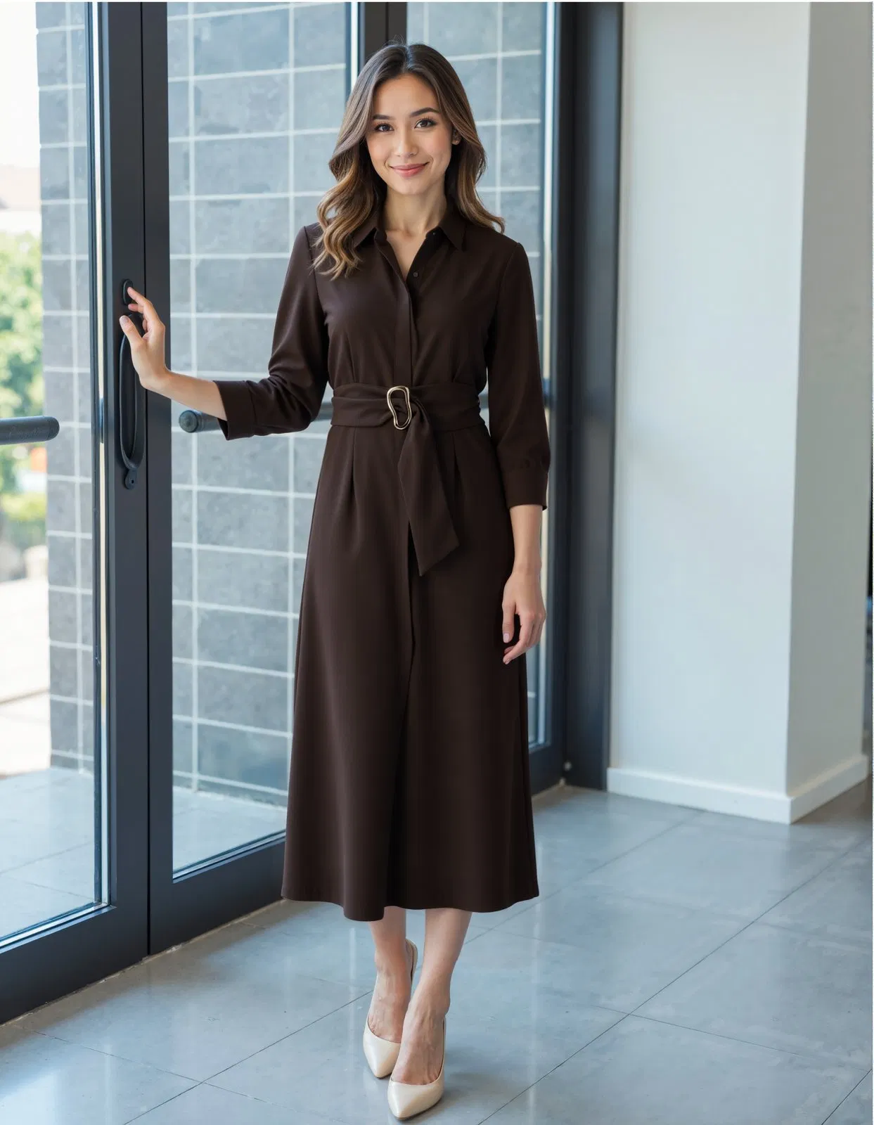 Vestido Midi Camisero con Cinturón para Mujeres - Vestido Acampanado de Poliéster y Spandex Marrón con Cinta en la Cintura