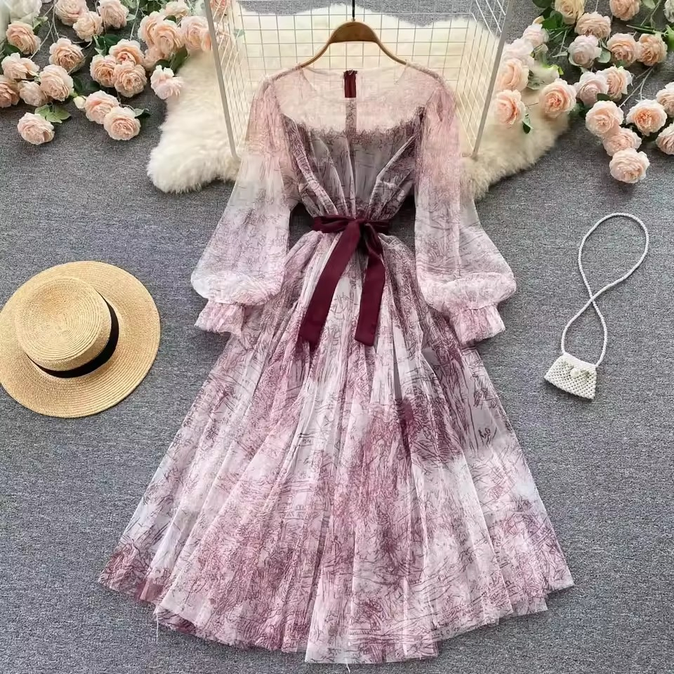 Vestido largo de encaje de ganchillo ventilado y de moda para mujeres de alta calidad
