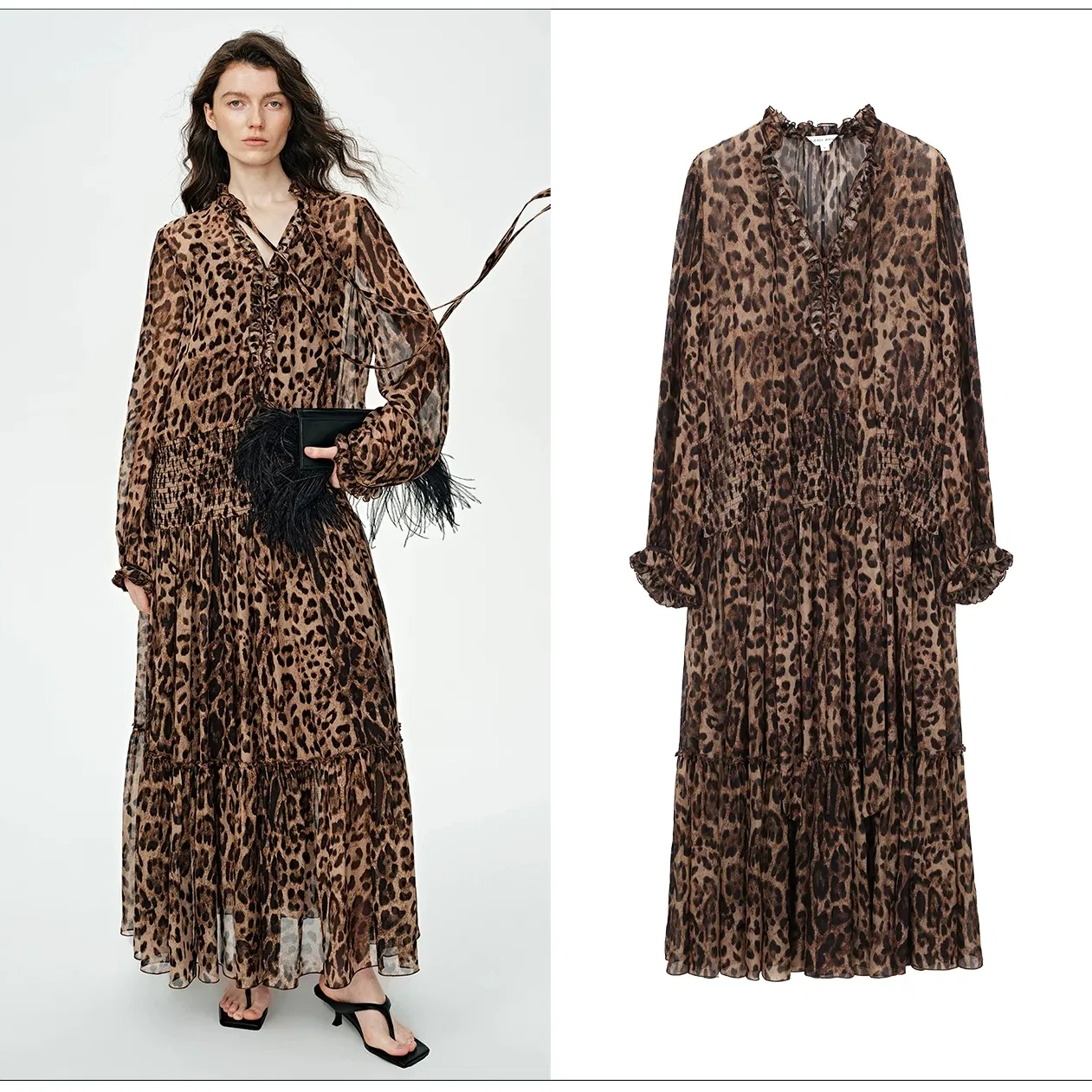 Vestido largo de manga larga de leopardo de lyocell y algodón para mujer, estilo vintage de resort, con cintura ajustada y falda acampanada