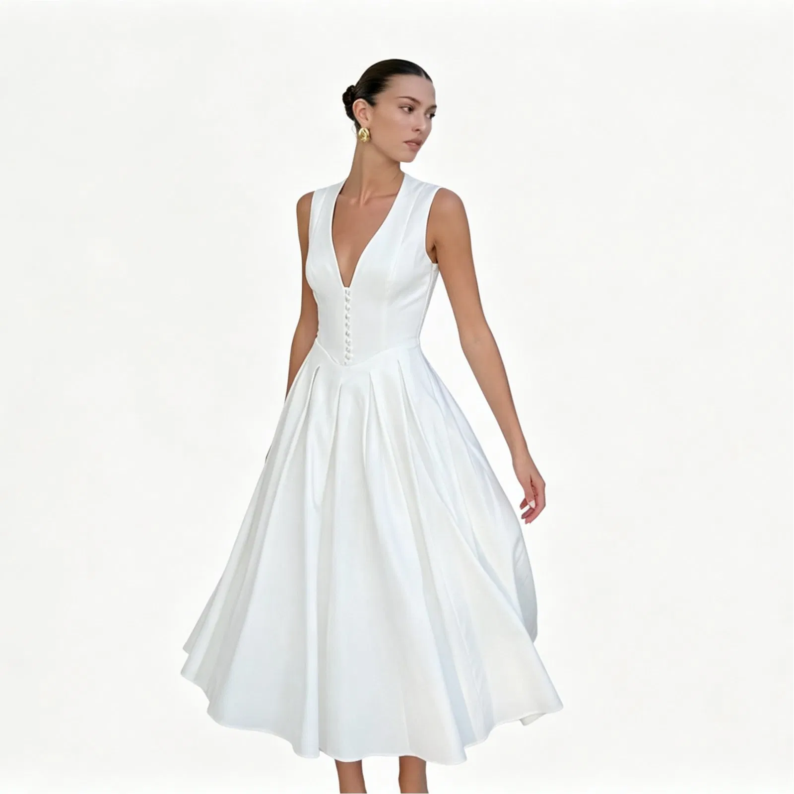 Vestido midi blanco sin mangas con cuello en V y cintura alta para mujer