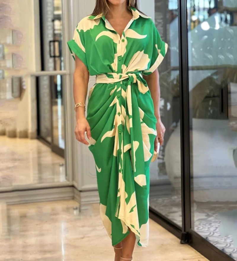 Vestido de noche impreso de manga corta para mujeres, ropa de dama, cárdigan, vestido de moda