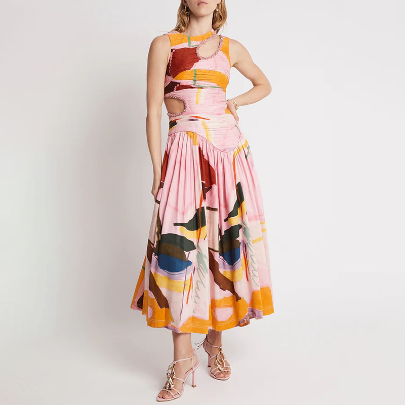 Vestido Largo Adelgazante de Cintura Primavera Nuevo Diseño Sin Mangas Sensación Hueca Vestidos Plisados para Mujeres