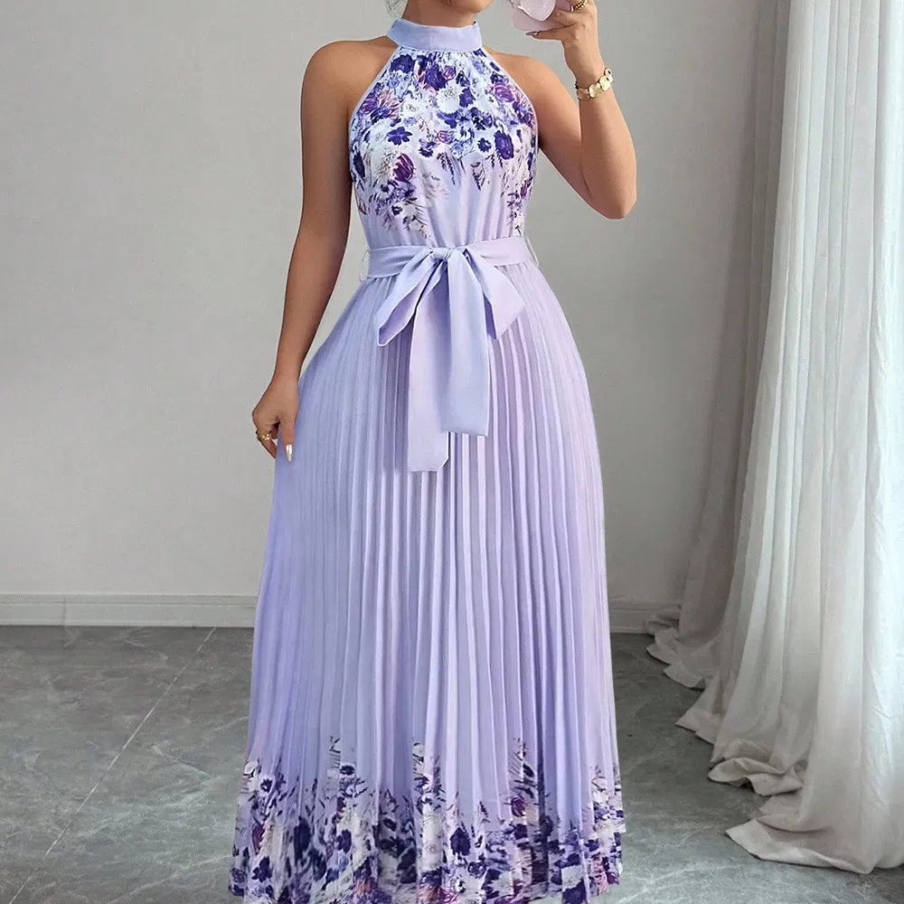 Nuevo vestido largo plisado impreso y a la moda para la ropa de mujer