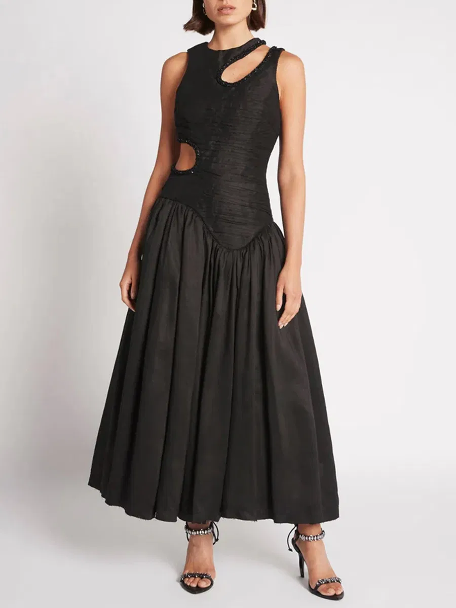 Vestido Largo Adelgazante de Cintura Primavera Nuevo Diseño Sin Mangas Sensación Hueca Vestidos Plisados para Mujeres